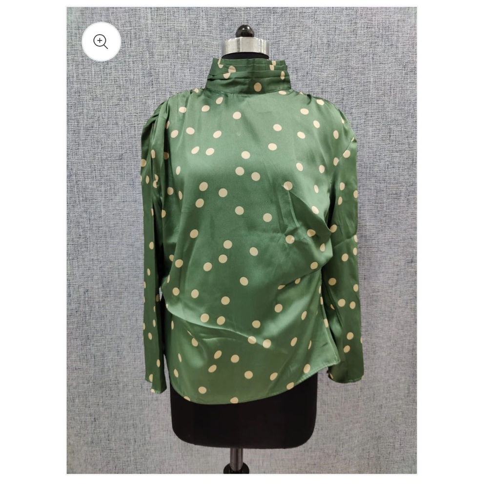 Zara high neck satin blouse green polka dot M